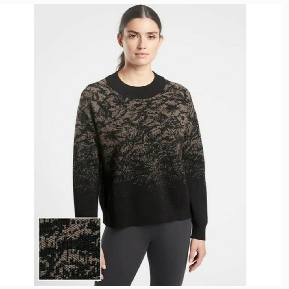Athleta Mock Neck Crew Neck Black Gray Abstract Patterned Merino Wool Sweater